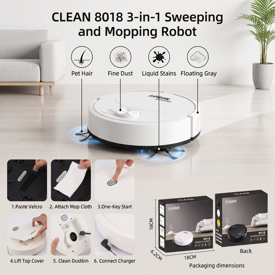 CLEAN 8018 3-in-1 Smart Robot Vacuum & Mop โ Automatic Floor Cleaning Robot
